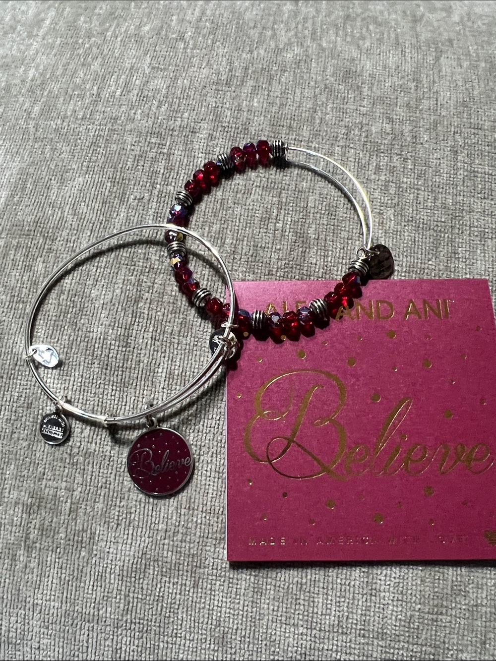 Alex and Ani Silver and Red 'Believe' Charm Bangle Set